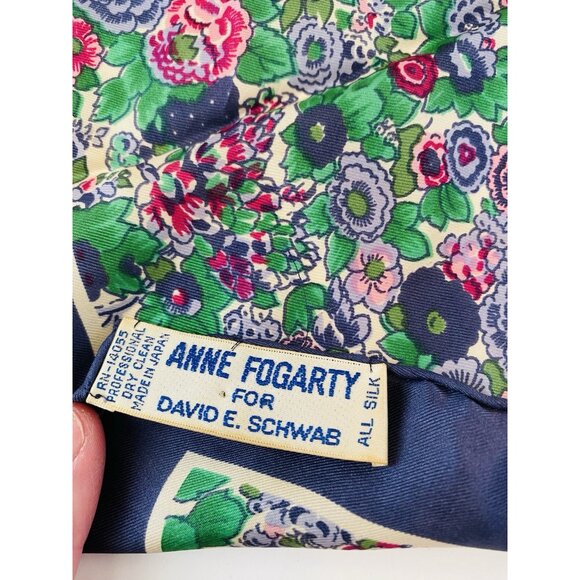 Silk Scarf Anne Fogarty for David Schwab 21" x 20.5" Blue Floral Print Japan - Picture 4 of 7